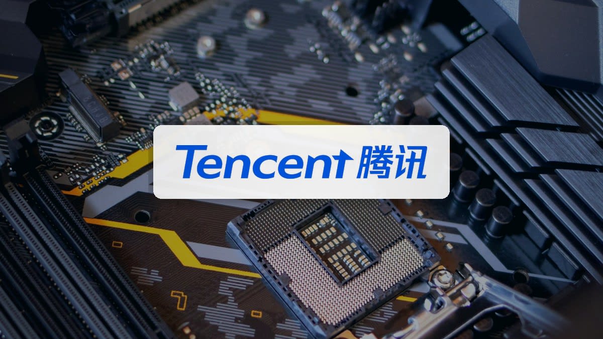 Editorial cover: official Tencent logo on photoreal neon AI tech workspace for Gander duplex chat explainer.