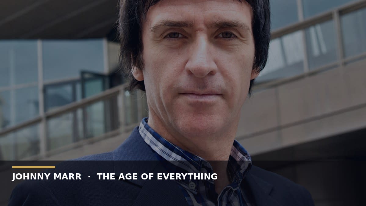 Photoreal magazine cover: real photograph of Johnny Marr on cool-graded stage light for The Age of Everything album.