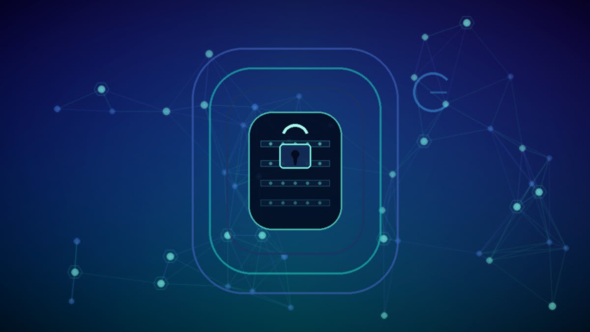 Abstract indigo-teal locked gateway over neural lattice, editorial AI safety art, no people