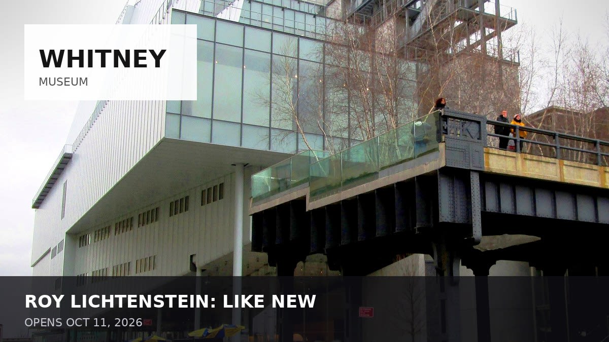 Photoreal Whitney Museum exterior with Whitney brand panel for Lichtenstein Like New 2026.