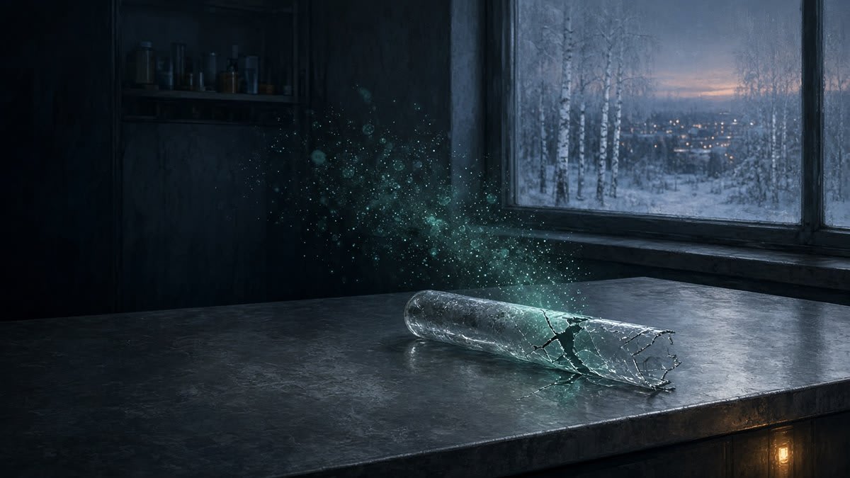 A cracked glass test tube on a cold steel lab bench releasing glowing teal particles, with a snowy Siberian birch forest outside the window; conceptual art, no people