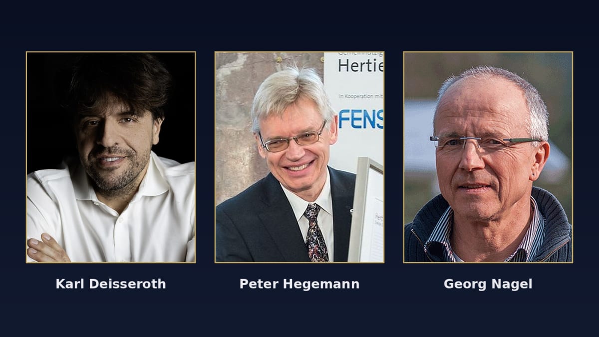 Photos of 2026 Nobel medicine laureates Karl Deisseroth, Peter Hegemann and Georg Nagel side by side, each labelled with his name, on a dark navy background