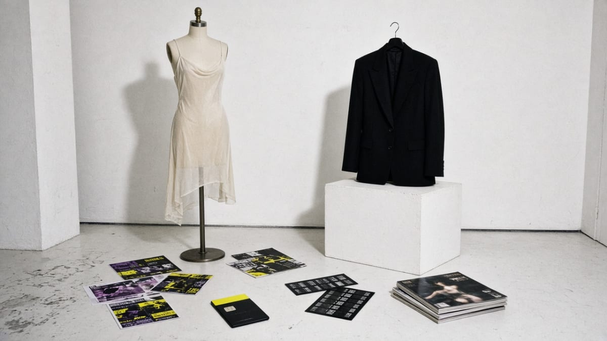 A 1990s-style gallery still life with a slip dress on a mannequin, a rave flyer and contact sheets under hard white light