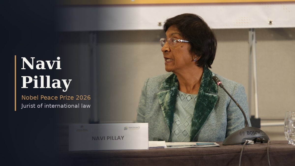 Navi Pillay, 2026 Nobel Peace Prize laureate and former UN human rights chief, speaking at a panel behind her name card