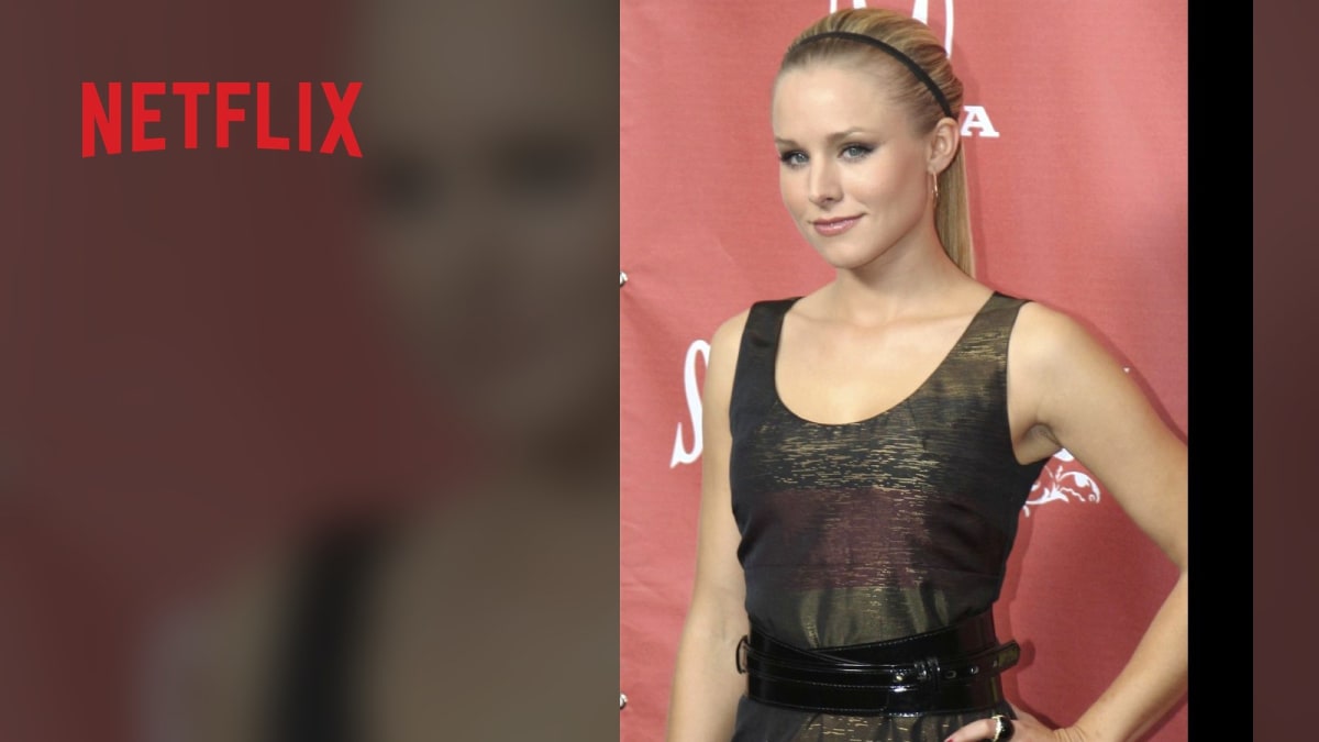 Real photograph of Kristen Bell (Wikimedia) with Netflix wordmark for Nobody Wants This Season 3. Photoreal; no AI face.