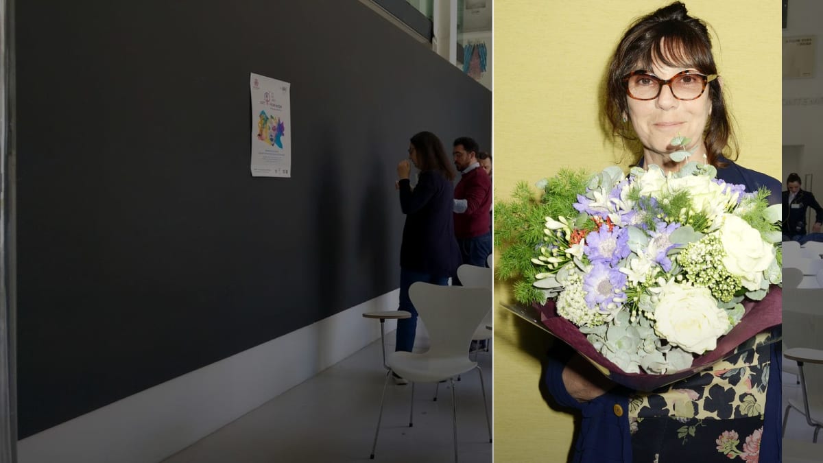 Real photograph of Sophie Calle (Wikimedia, FILAF) over real MAXXI Rome interior for Oct 2026 survey. Photoreal; no AI face.
