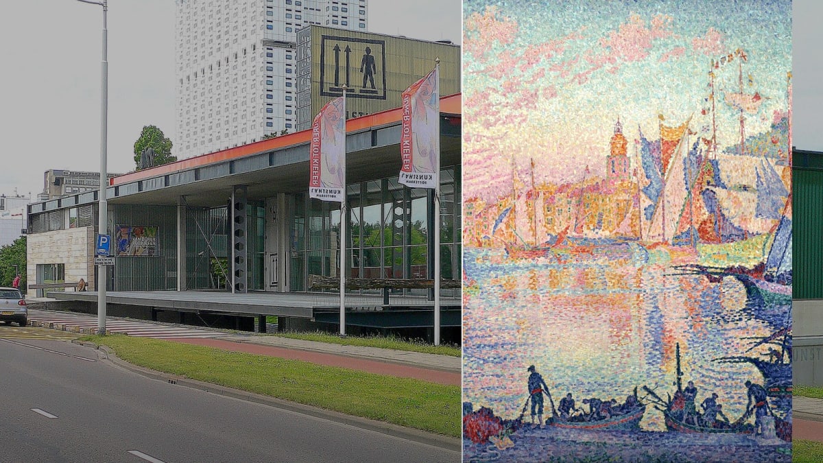 Real photograph of Kunsthal Rotterdam (Rem Koolhaas) with Paul Signac Port of Saint-Tropez painting inset for Symphony of Colours 2026. Photoreal.