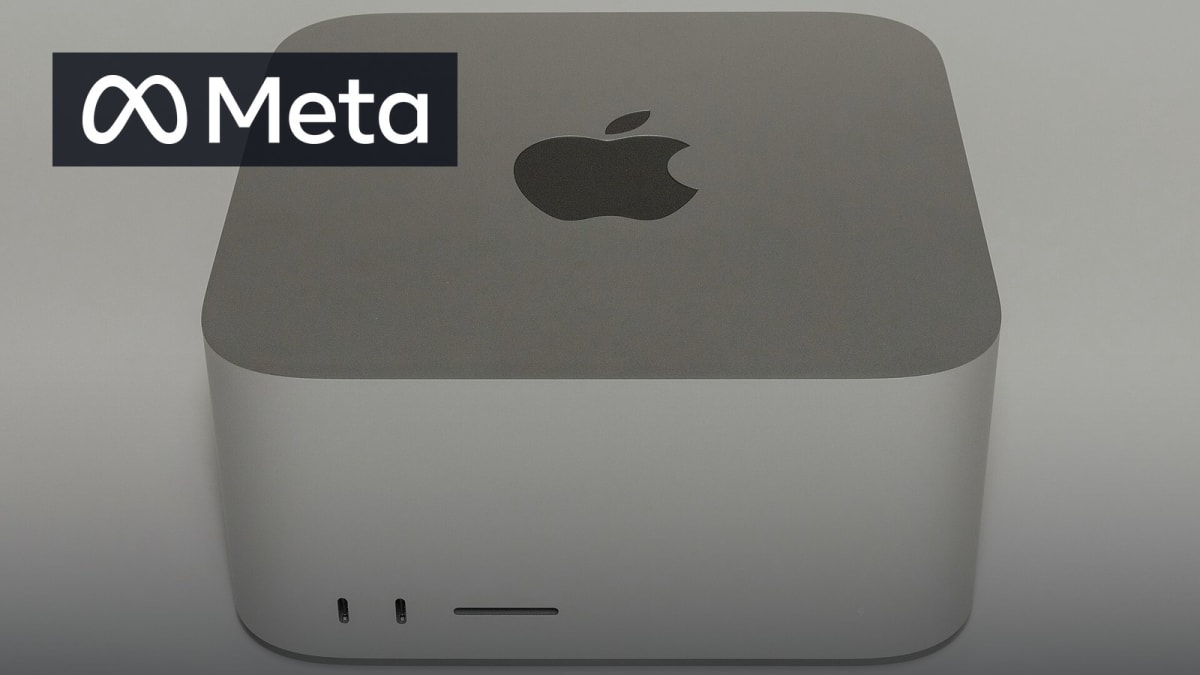 Real photograph of an Apple Mac Studio with the official Meta logo for Meta's Muse Spark Open open-weight AI model that runs on two M5 Ultra Mac Studios.