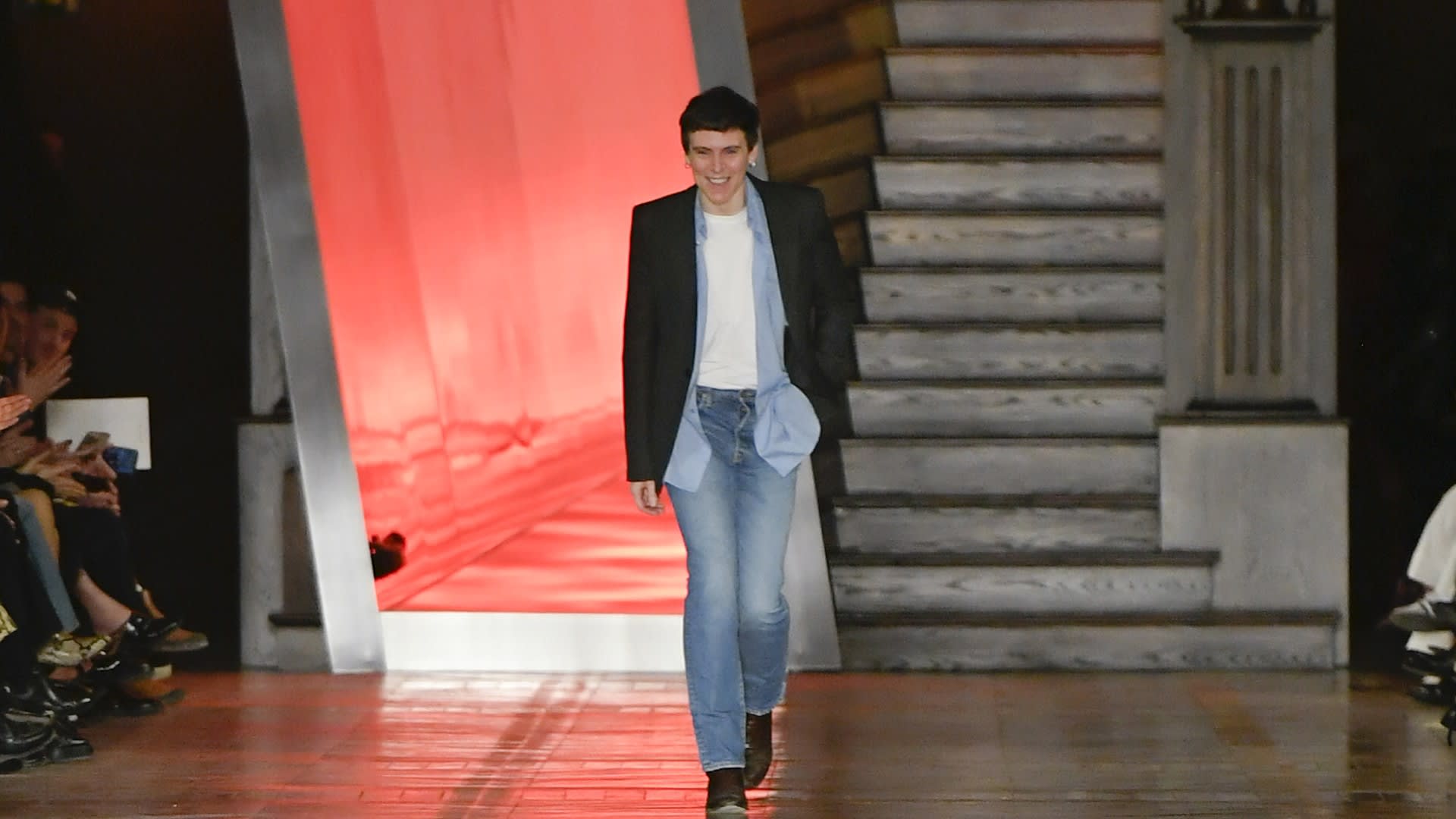 Seán McGirr takes his bow on the runway at the Alexander McQueen fall 2025 show in Paris, the designer who is now leaving McQueen