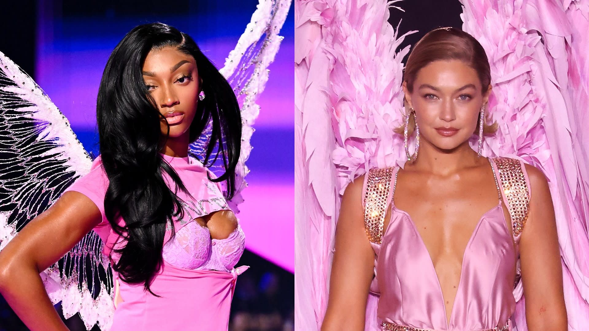 Angel Reese in pink with Angel wings at the 2025 Victoria's Secret Fashion Show and Gigi Hadid in pink satin with feathered wings at the 2024 show
