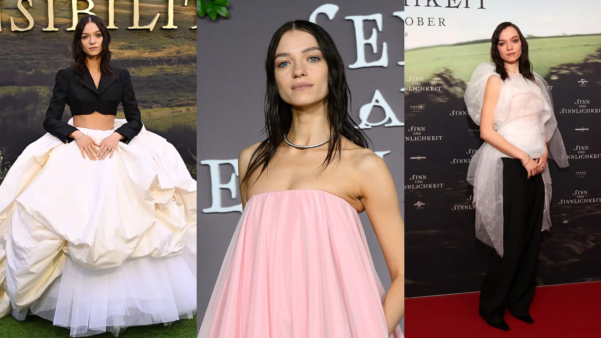 Esmé Creed-Miles at Sense and Sensibility premieres in London, Los Angeles and Berlin, wearing a Thom Browne bolero and ivory skirt, a pink Simone Rocha dress and a sheer white top