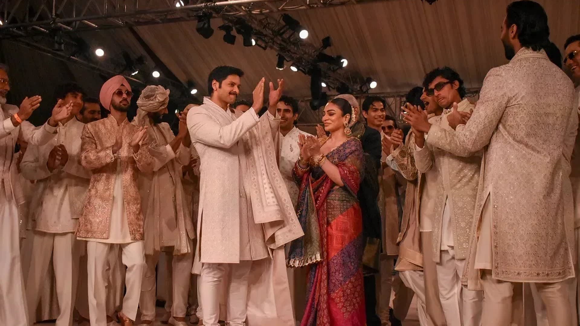 Ali Fazal in an ivory angarkha and embroidered stole applauds on the ramp with models in ivory sherwanis at the Tasva by Tarun Tahiliani finale, Lakmé Fashion Week x FDCI, New Delhi, 15 October 2026