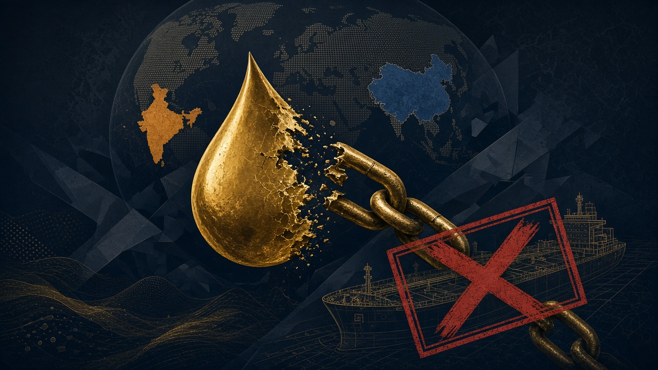 Conceptual art of oil drop, broken chain and tanker under sanctions — India and China trade risk