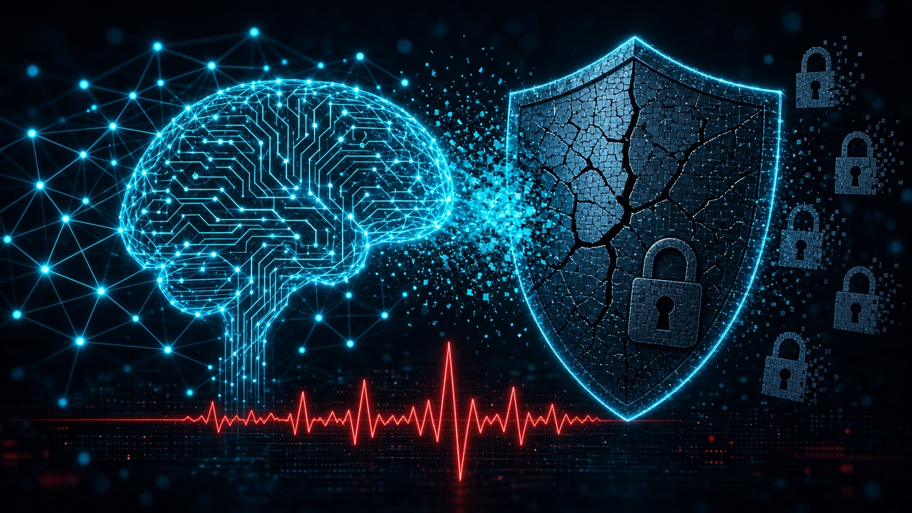 Abstract AI circuit brain breaking a digital shield — Gemini cybersecurity test