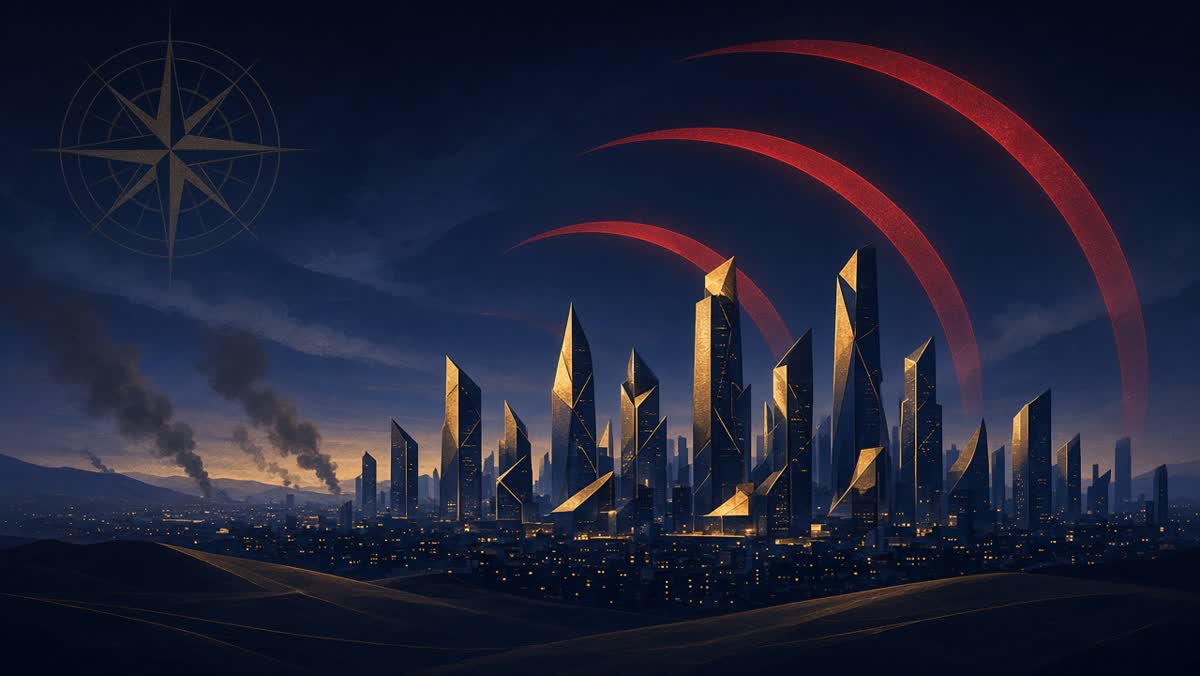 Conceptual night skyline with alert arcs over a desert capital — Riyadh air-raid scare