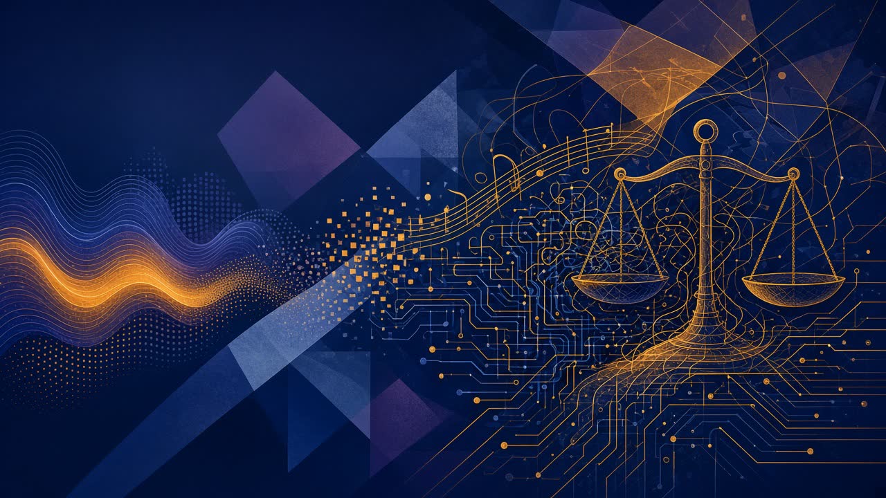Conceptual illustration of glowing scales of justice woven with circuit patterns and a musical staff of sound waves, symbolizing AI music copyright law