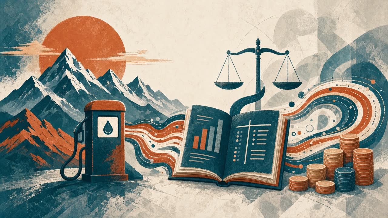 Conceptual illustration of Andean mountains, a fuel pump, an open ledger with charts, and coins, symbolizing Bolivia’s IMF loan and fuel subsidy reforms