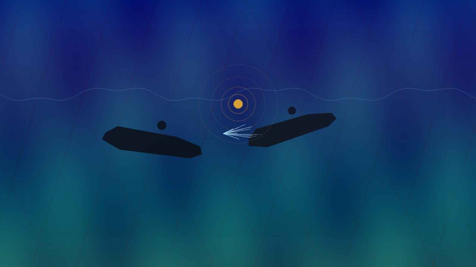 Abstract geometric ship silhouettes on a fractured blue-green sea with amber warning-light rings, symbolising South China Sea maritime confrontation; no people or flags