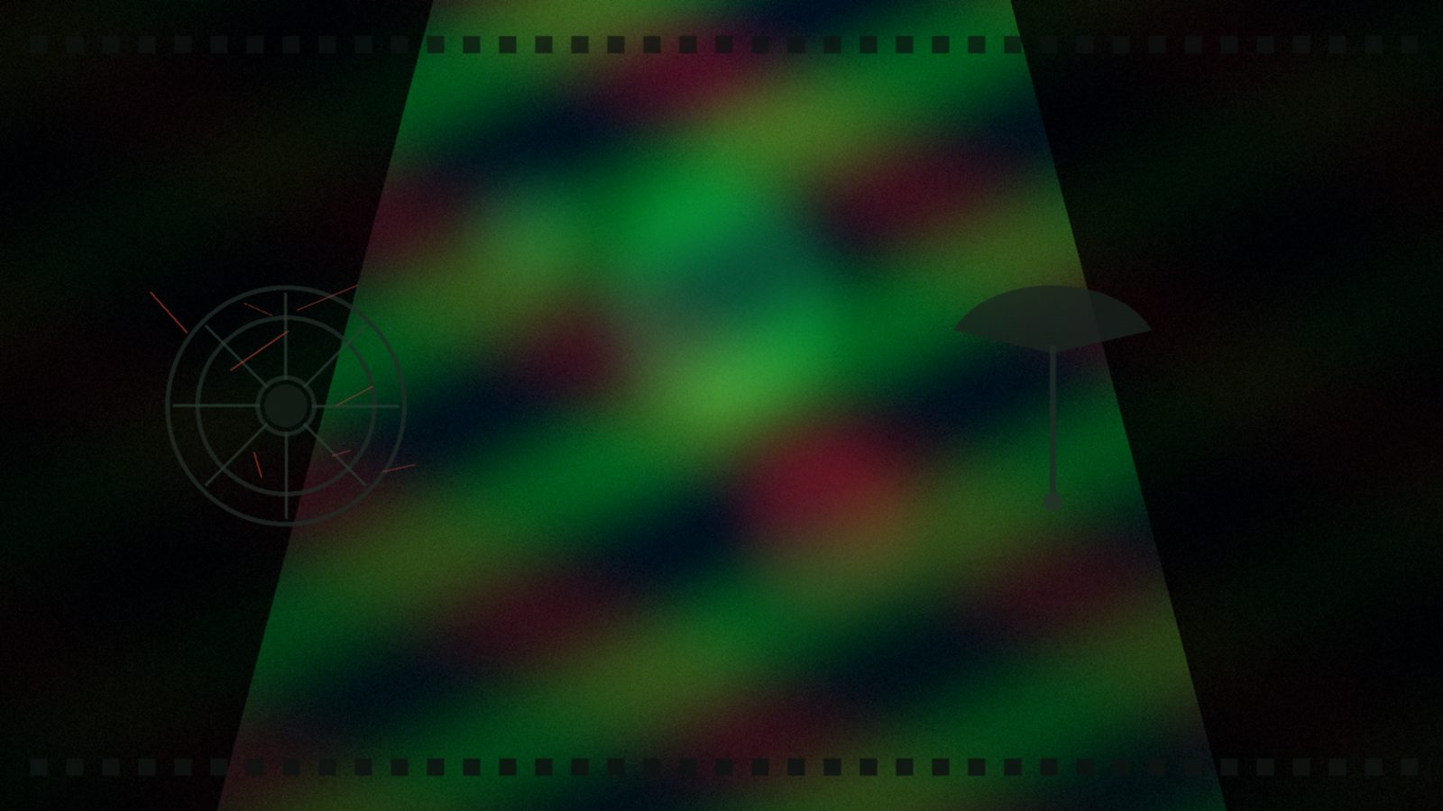 Atmospheric survival-horror cinema cover: bioluminescent green-red lab corridor glow, cracked film-reel silhouette and abstract canopy motif; no actors, faces, or trademark logos