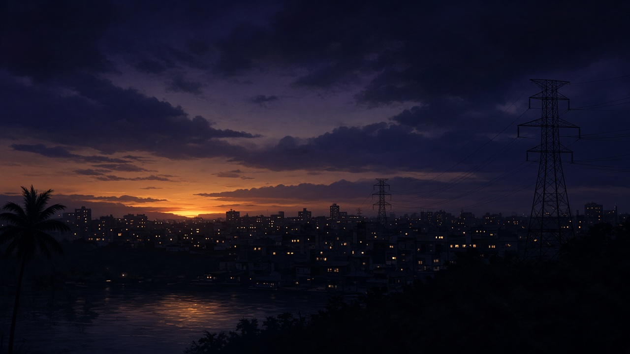 Conceptual dusk cityscape with power pylons and scattered lights under a dark indigo sky, symbolising Cuba’s nationwide blackout