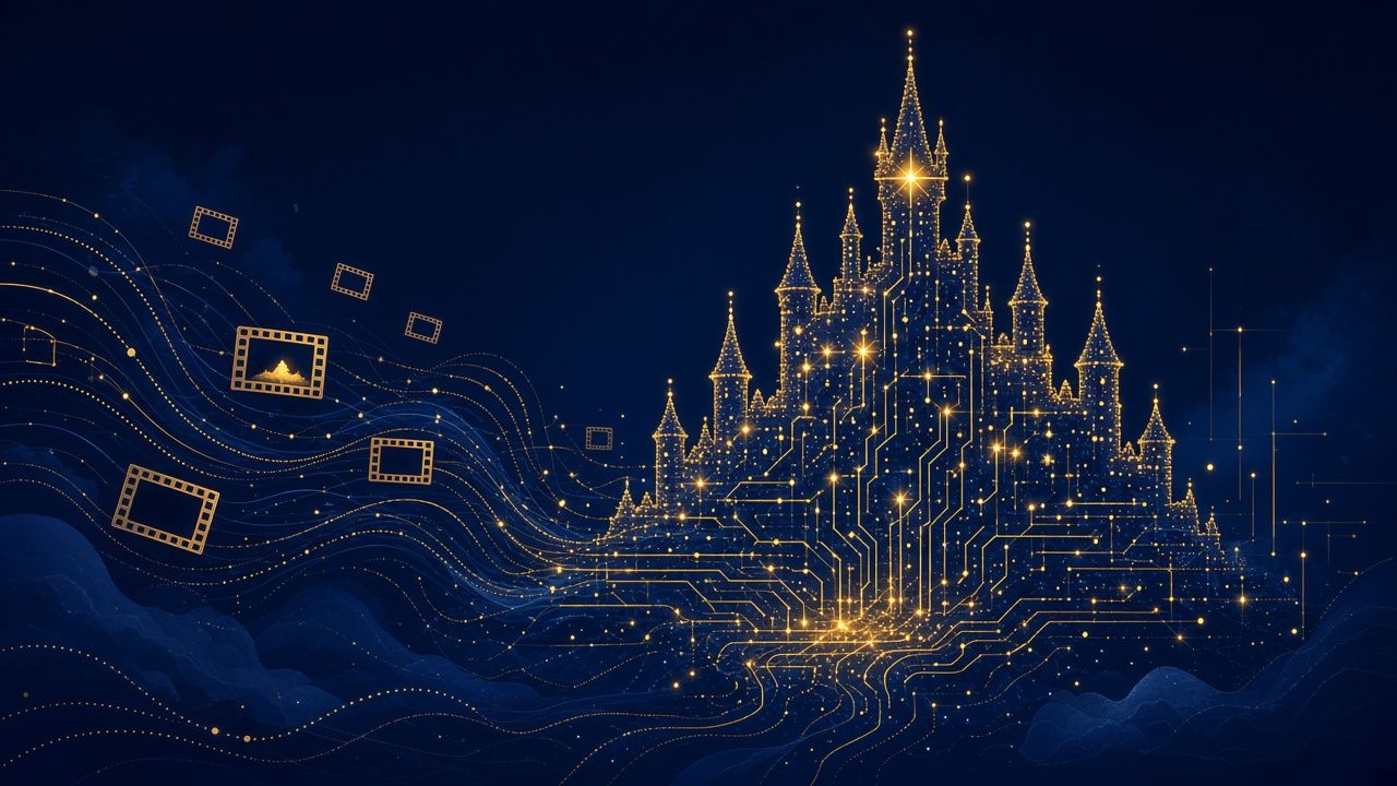 Symbolic golden circuit-board castle and film-frame motifs on a midnight blue field, representing Disney technology and storytelling