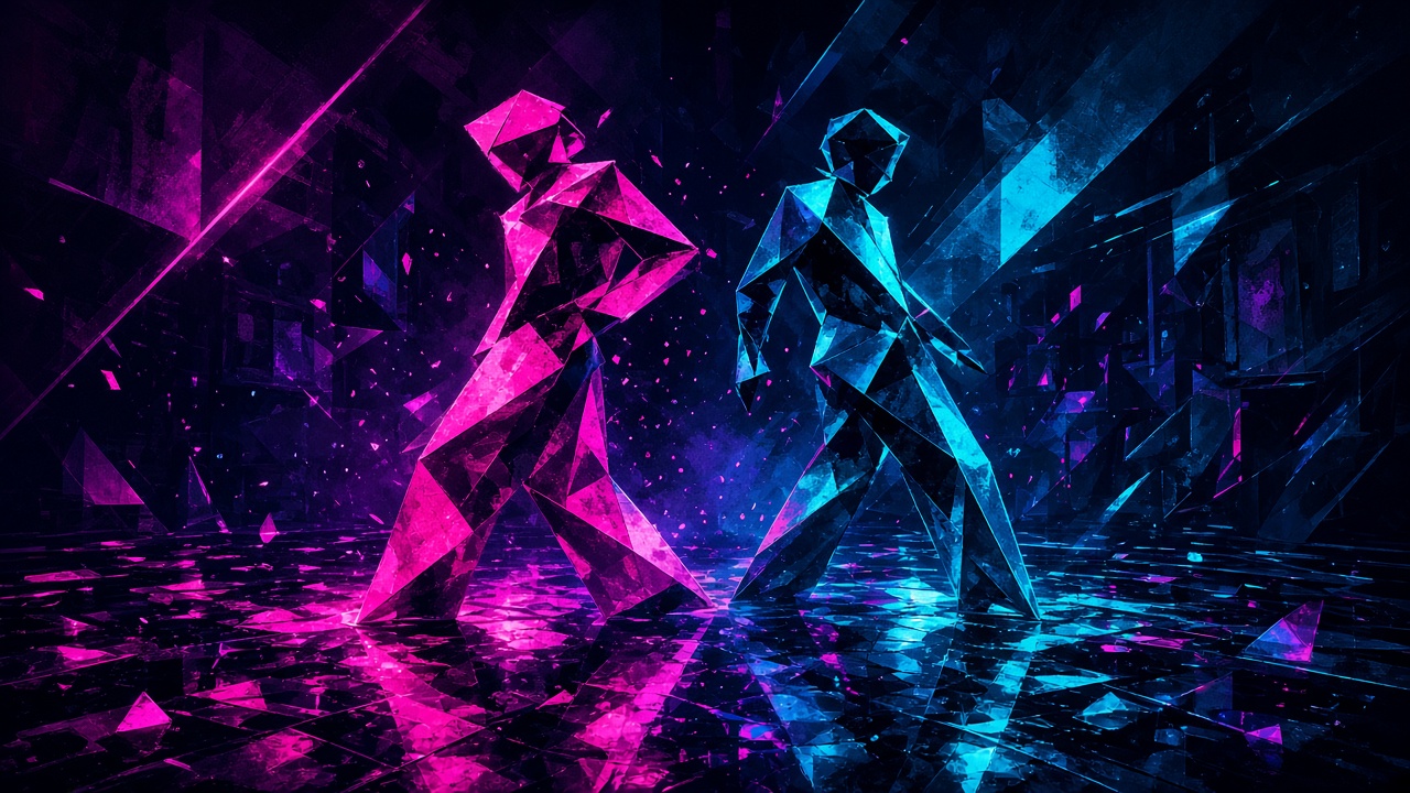 Abstract neon geometric twin figures dancing on a reflective club floor in magenta and cyan light, symbolic of a pop collaboration