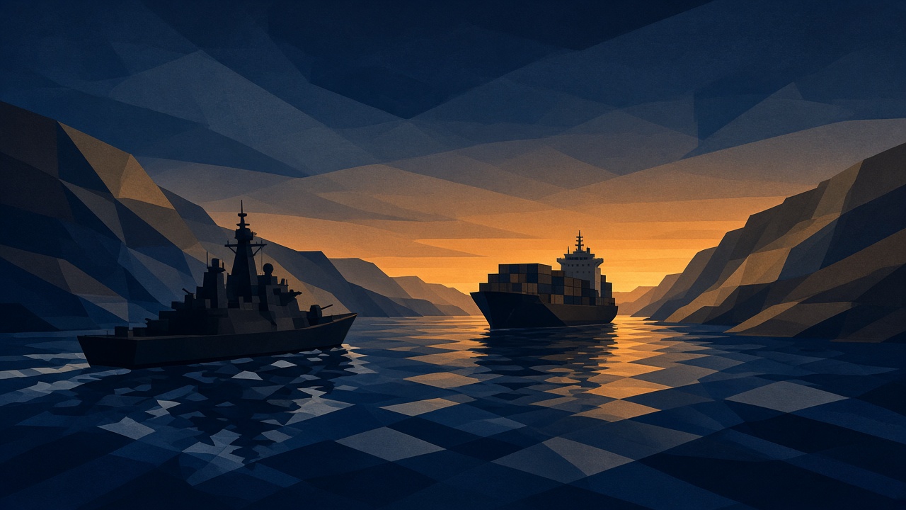 Stylized warship escorting a cargo vessel through a narrow strait at dusk, symbolic of Red Sea maritime security