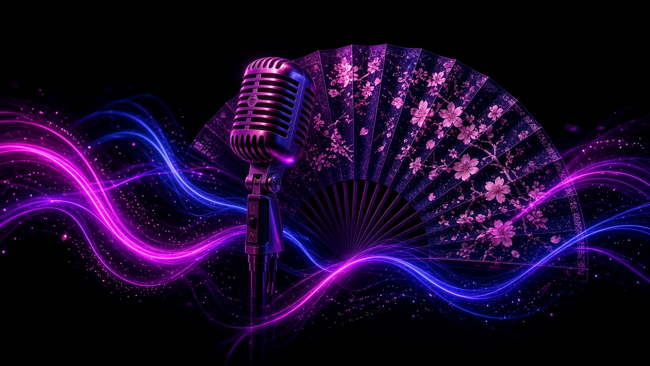 Abstract neon microphone and Japanese folding fan with magenta-blue sound ribbons; cyber-enka concept, no people
