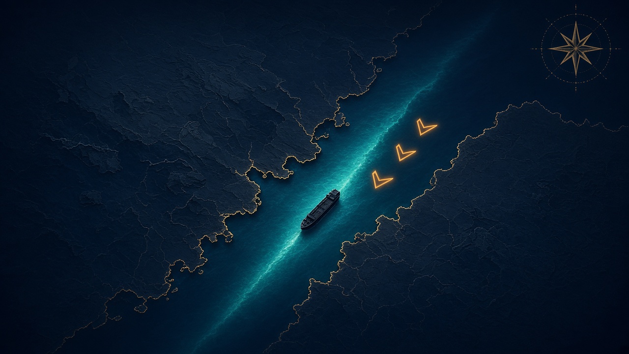 Aerial symbolic Red Sea choke point with cargo ship, teal strait and amber chevrons; Bab el-Mandeb maritime security, no people