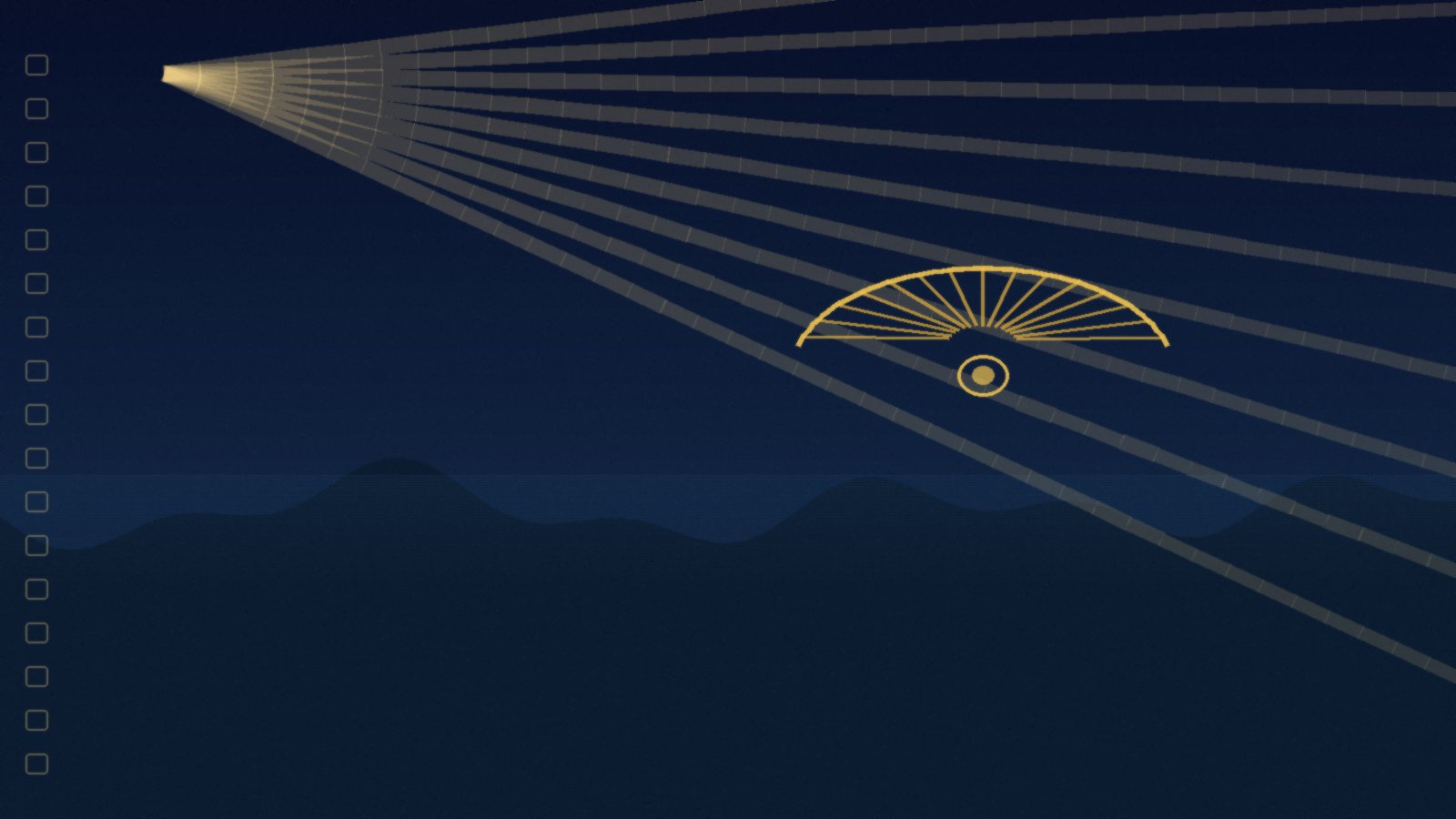 Abstract golden scallop-shell motif over a dark Basque coastal silhouette with cinema light beams; San Sebastián film festival concept, no people