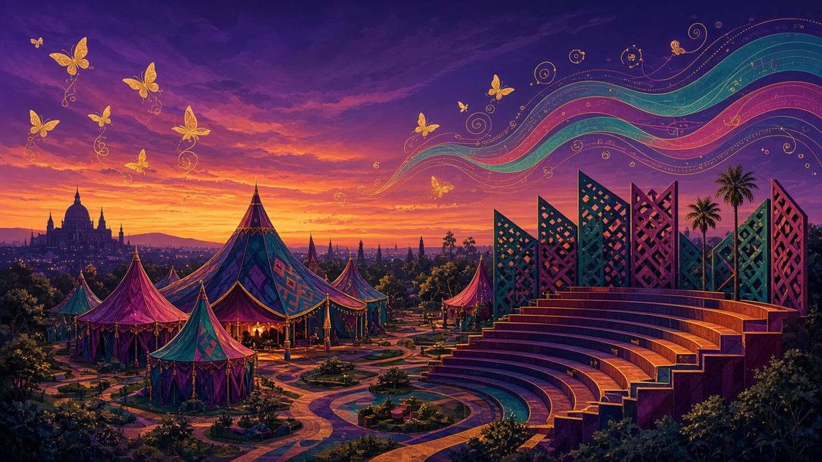 Conceptual illustration of a Magical-realism concert park at dusk with colourful pavilion tents, amphitheatre seating and golden butterflies — no people