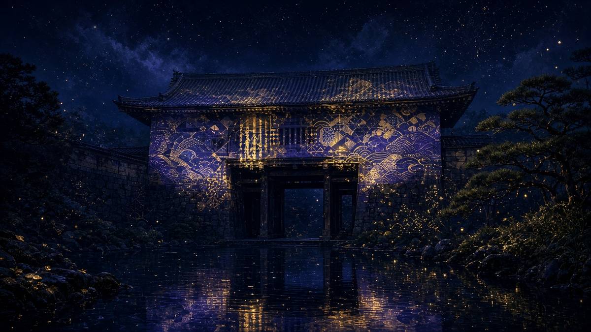 Night illustration of a Kyoto castle gate glowing with gold projection patterns reflected in a moat under a starry indigo sky — no people