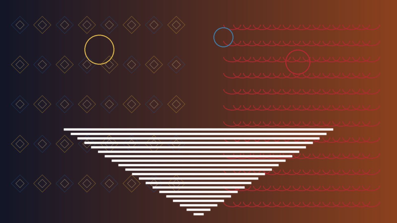 Conceptual editorial illustration of intertwined Chinese and Nigerian textile patterns flanking an abstract empty runway in indigo and gold, no people