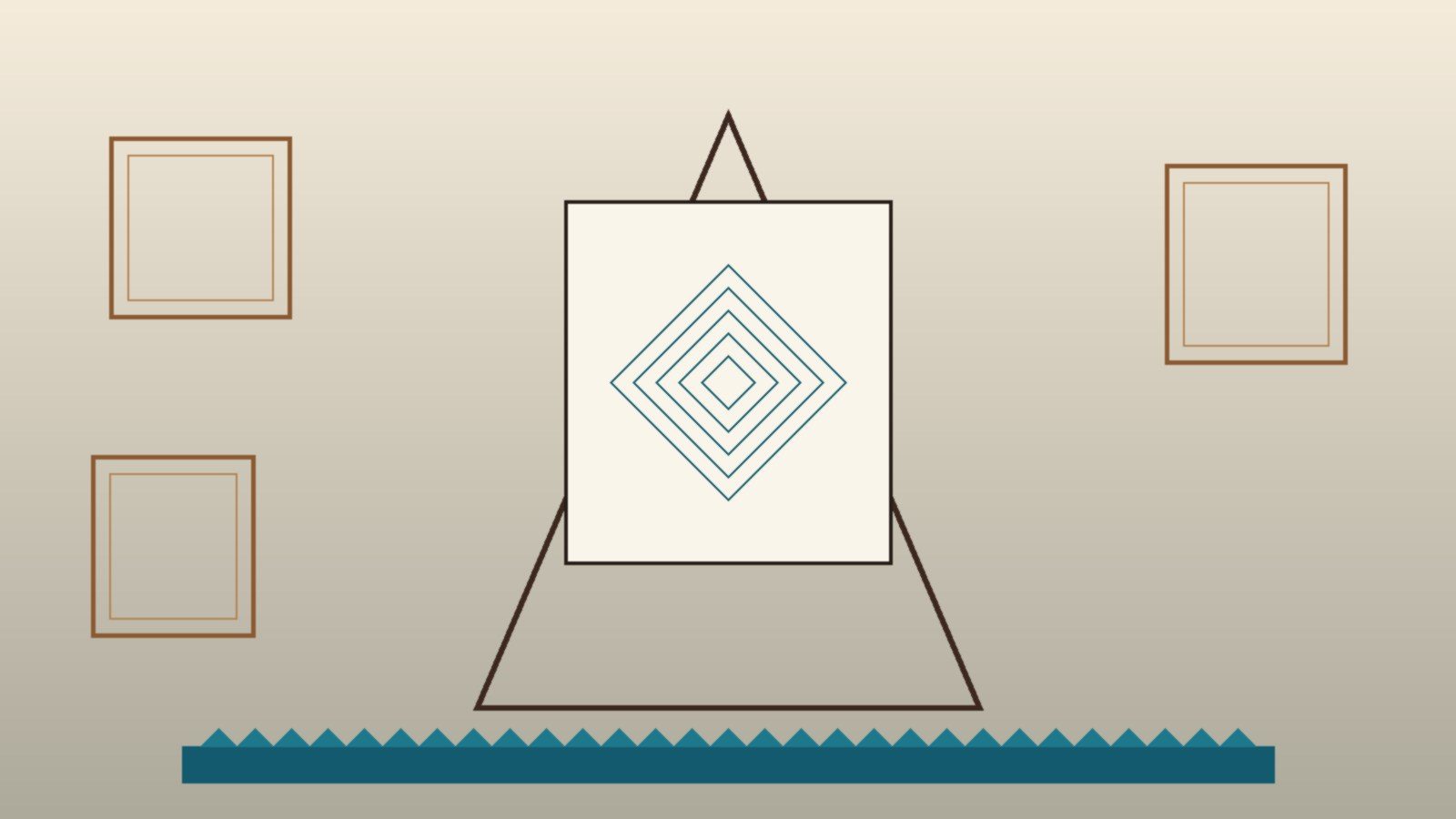 Conceptual editorial illustration of an abstract studio easel with Nile-inspired geometric motifs and warm desert light, no people