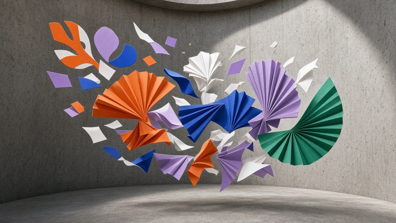 Conceptual editorial illustration of colourful Matisse-like paper cut-out shapes floating into pleated fabric forms inside a circular concrete tank, no people