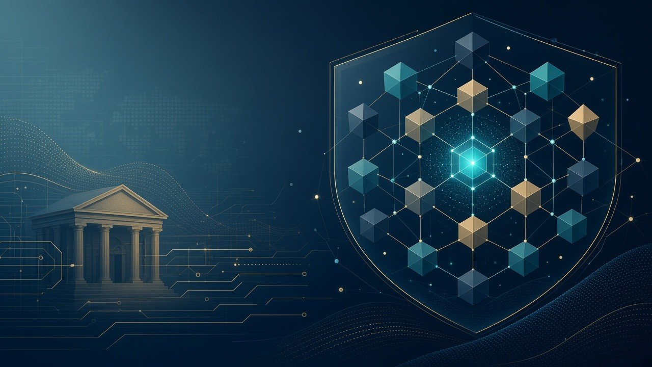 Conceptual editorial illustration of interlocking geometric nodes forming a secure decision lattice over abstract banking circuits, teal and sand tones, no people