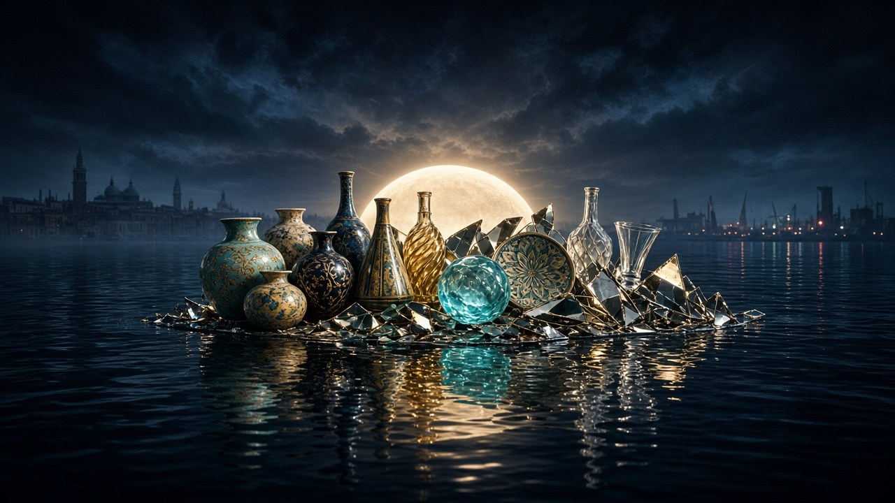 Conceptual editorial illustration of luminous handcrafted vessels and mirror shards on dark lagoon water under a rising moon of light, no people