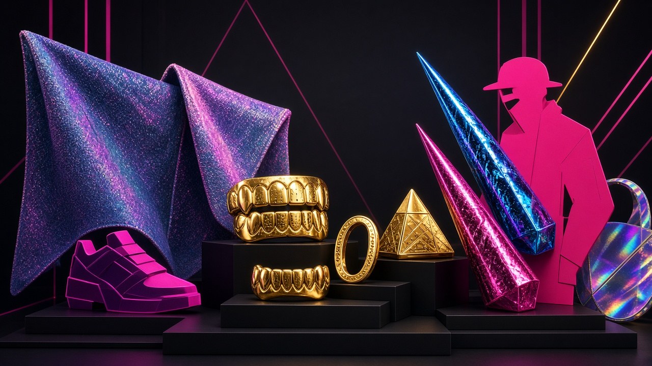 Conceptual editorial illustration of holographic streetwear textures, gold grillz forms and bold nail-art shapes as a glowing gallery altar, no people