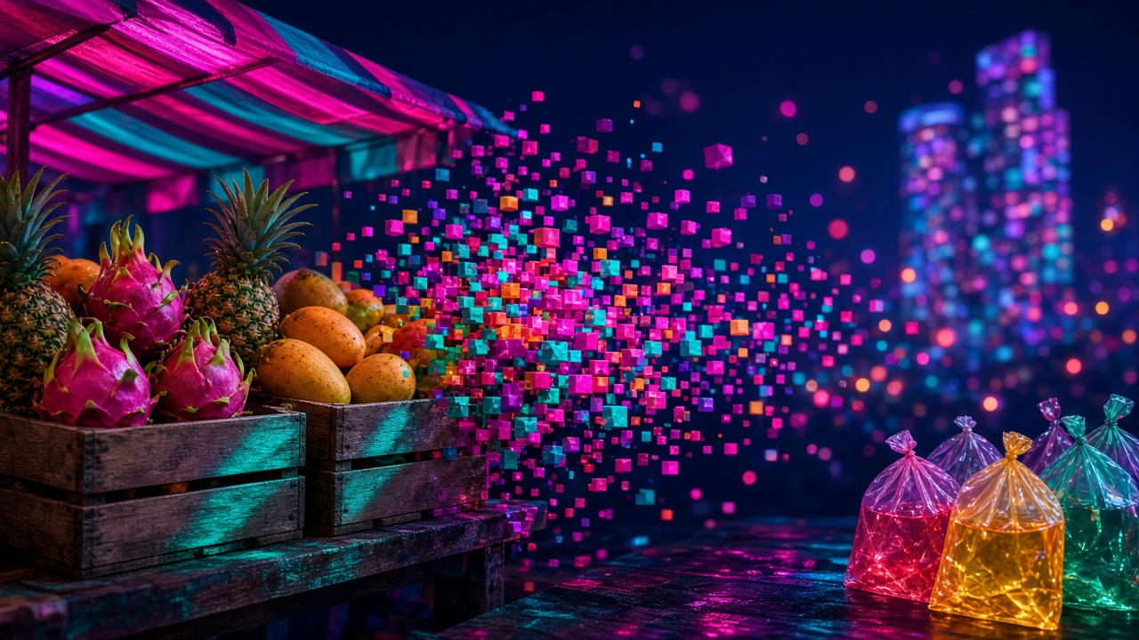 Conceptual editorial illustration of a glowing night-market stall canopy of neon lights, plastic drink-bag knots and projection-mapped fruit crates dissolving into digital pixels, no people