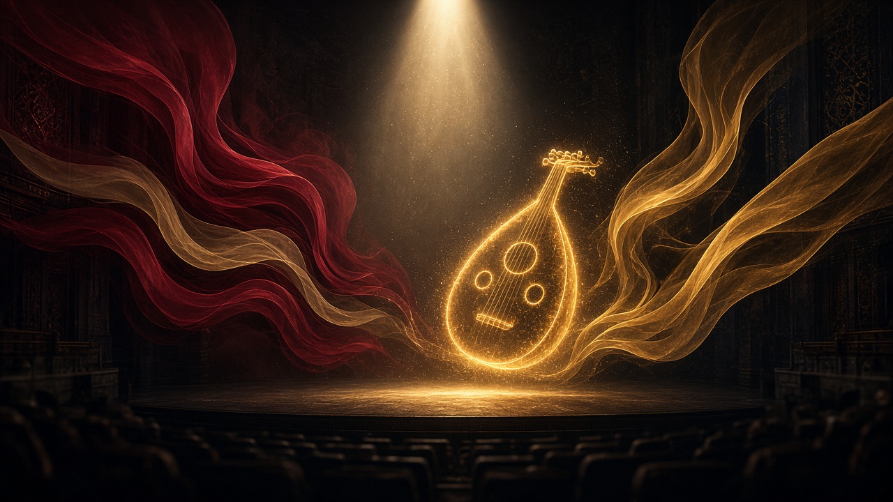 Conceptual editorial illustration of an empty concert hall stage with a single spotlight, floating Syrian-flag-colour ribbons and an oud silhouette made of light rays, no people