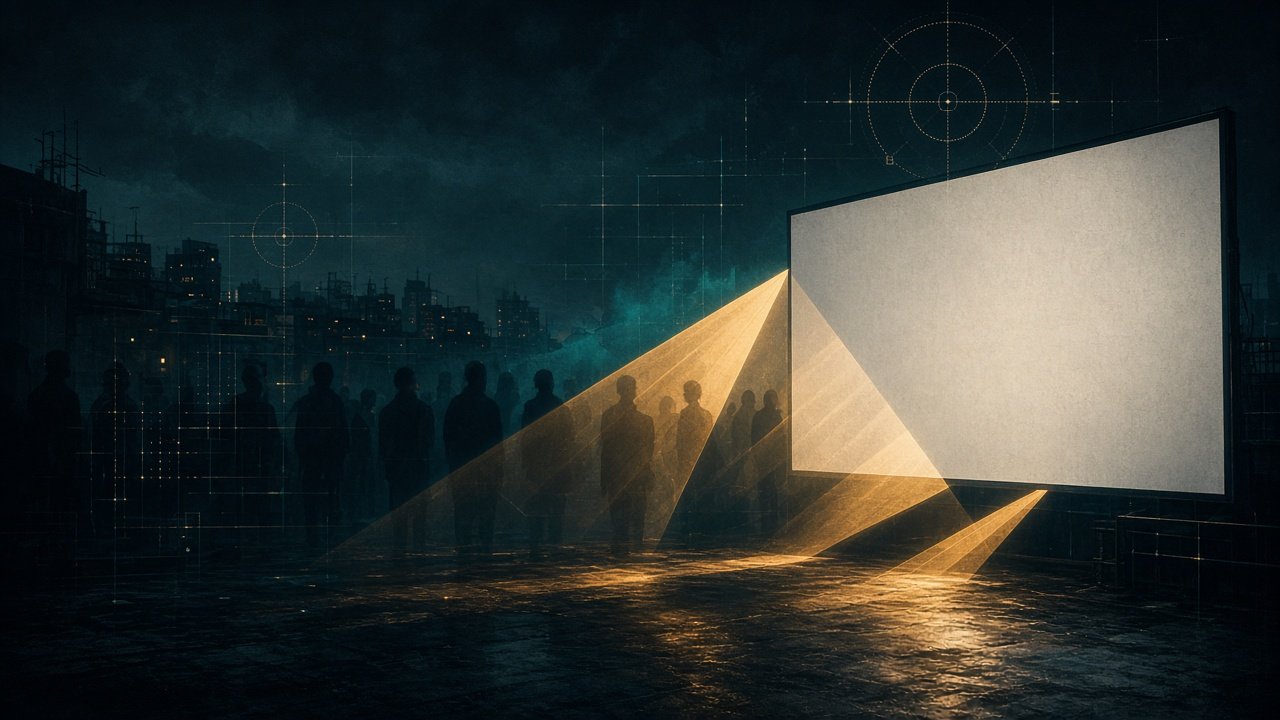Conceptual editorial illustration of a darkened rooftop cinema screen casting geometric light beams over anonymised silhouette outlines and abstract datagrid targeting reticles, no identifiable people