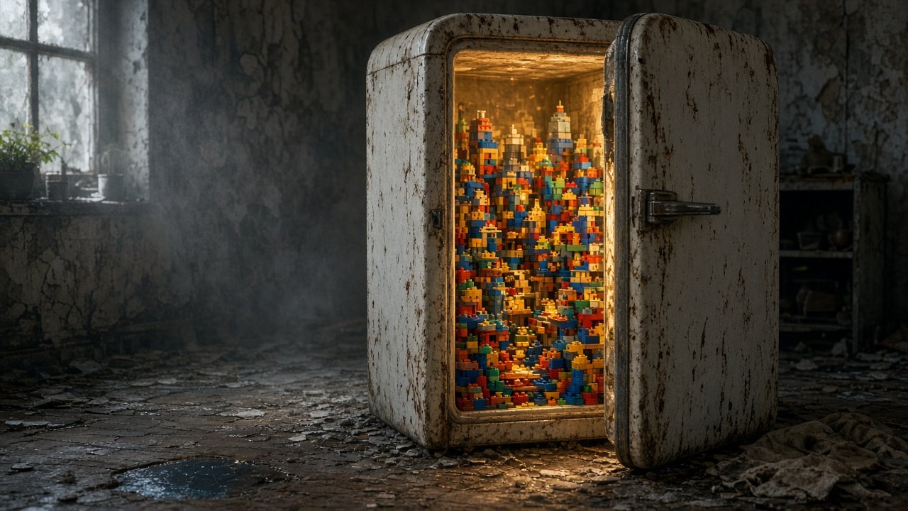 Conceptual editorial illustration of a vintage refrigerator door cracked open to reveal a glowing miniature brick city of coloured geometric towers and tiny windows, no people