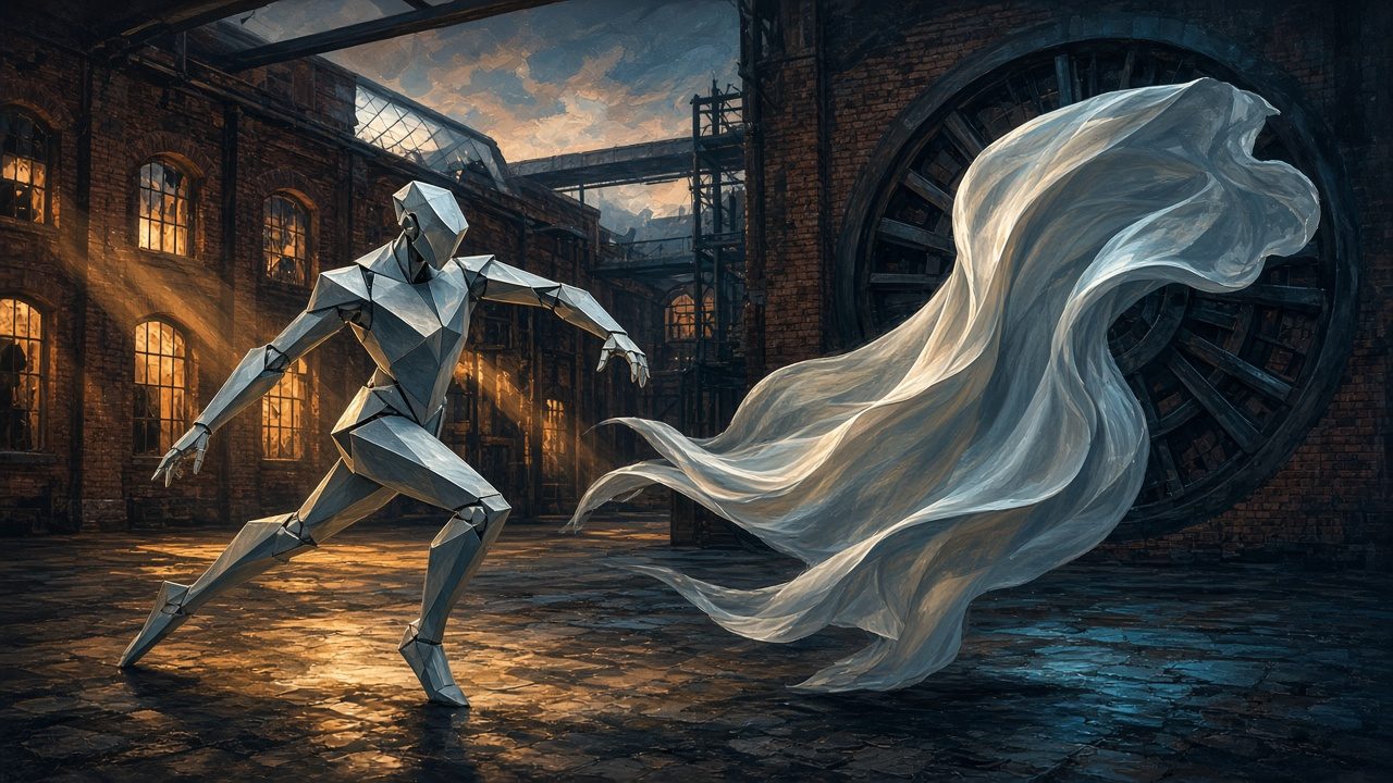 Robotic humanoid silhouette and flowing dance fabric in an industrial art-district courtyard at dusk, symbolic human-machine performance, no people