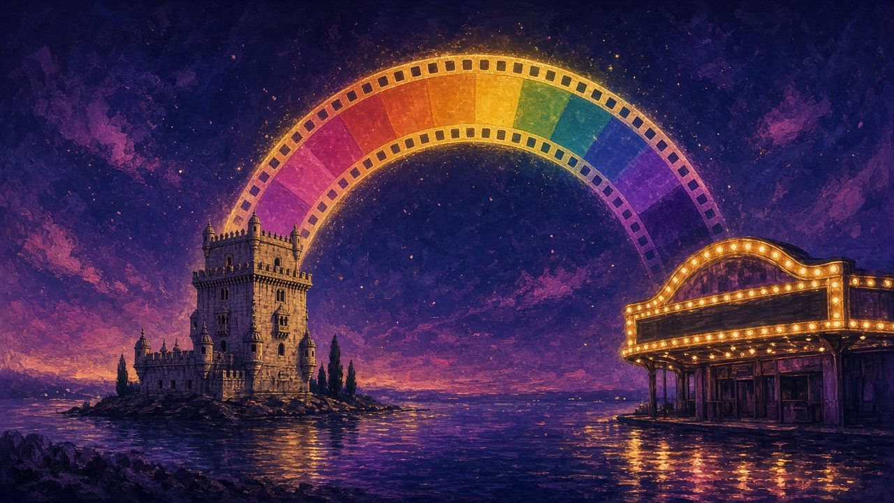 Lisbon Belém tower and vintage cinema marquee linked by a glowing rainbow film-strip arc over dark water, symbolic queer film festival anniversary, no people