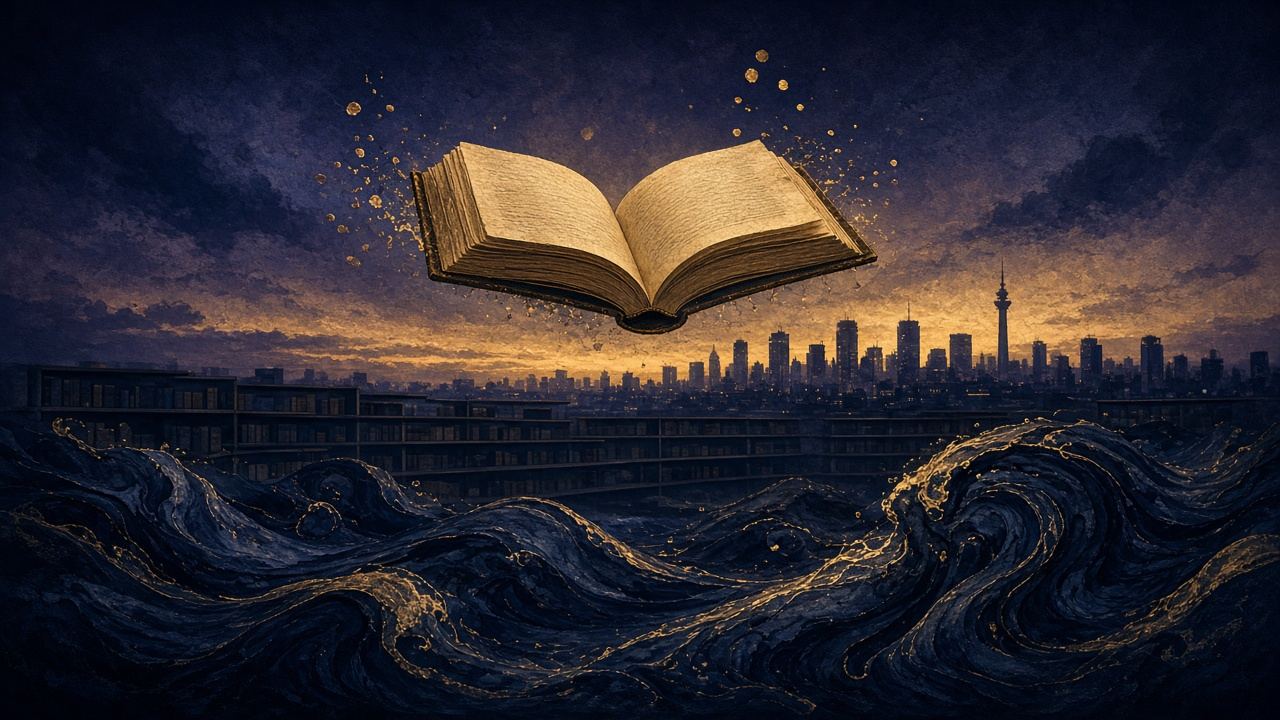 Symbolic open book and ink waves forming a quiet archive shelf over a Nairobi skyline silhouette at dusk, no people