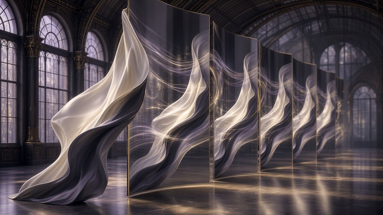 Abstract fashion runway of flowing fabric silhouettes mirrored as painterly digital doubles on curved screens, symbolic AI interactive show, no identifiable people