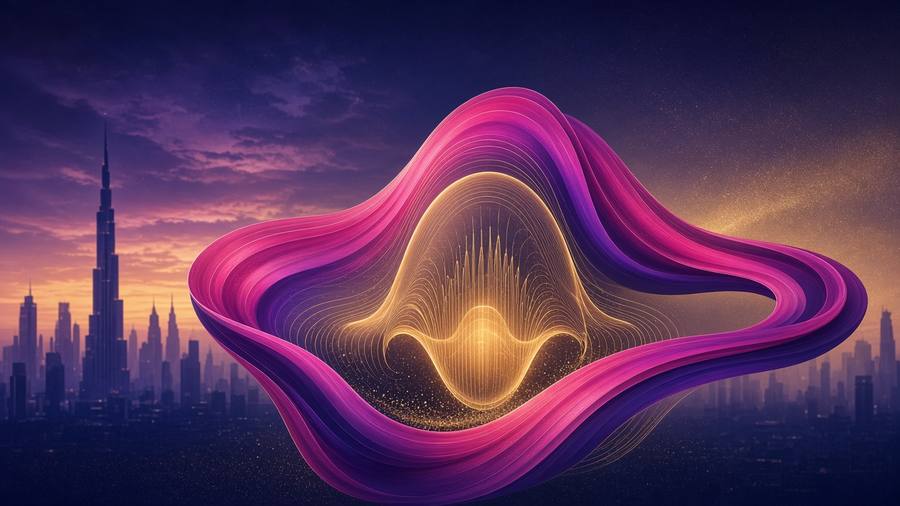 Symbolic neon hanbok ribbon and glowing speaker wave over a stylised Dubai skyline silhouette at dusk, no people