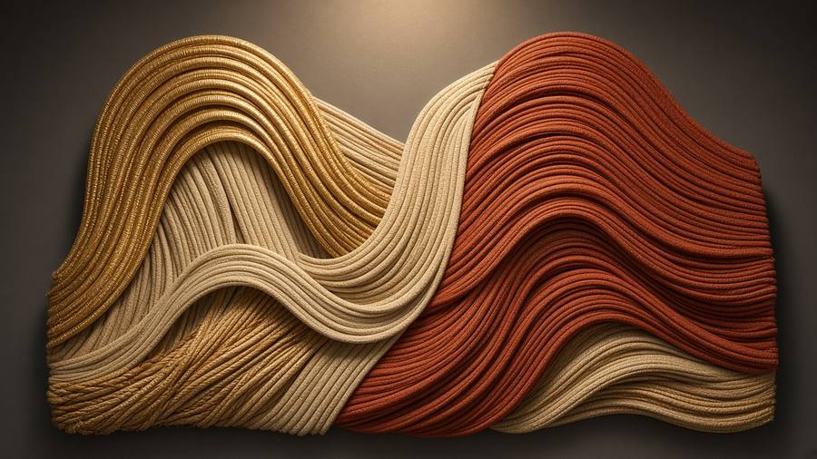 Abstract gold-leaf woven wall of layered textile strands glowing in a quiet gallery light, no people