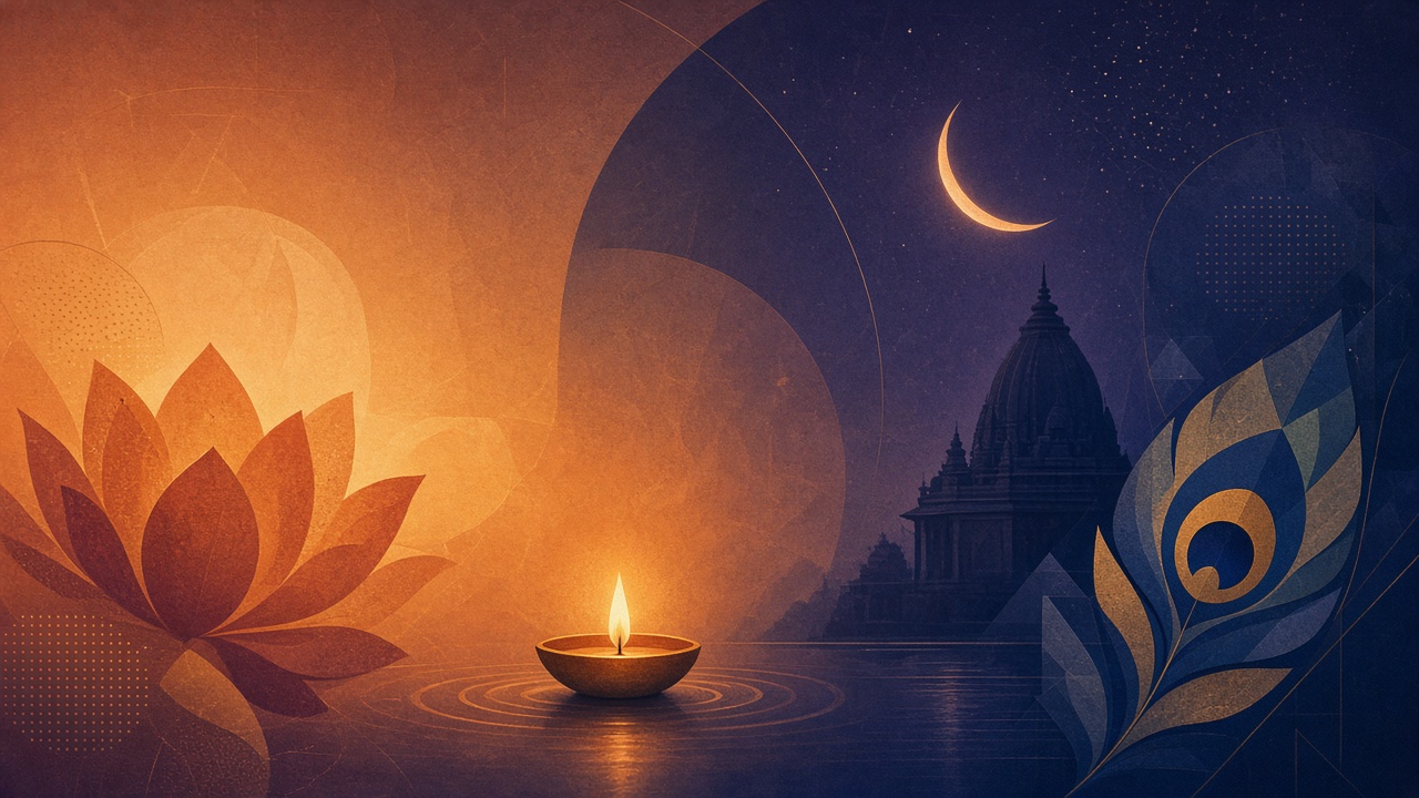Conceptual diya, lotus and peacock-feather motifs for Radha Ashtami — no people