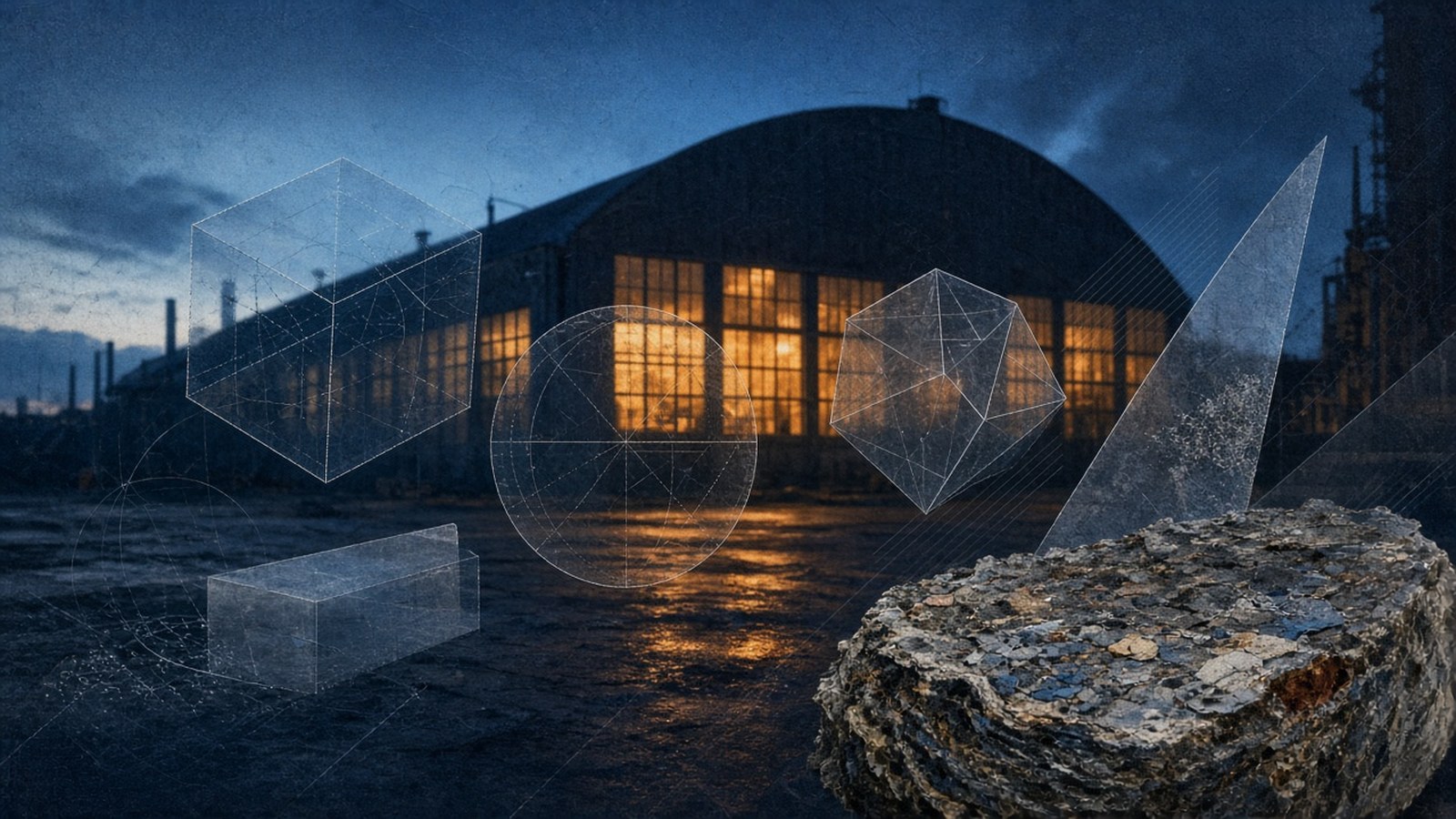Symbolic industrial hangar with glowing windows and floating geometric product wireframes over raw material texture, no people